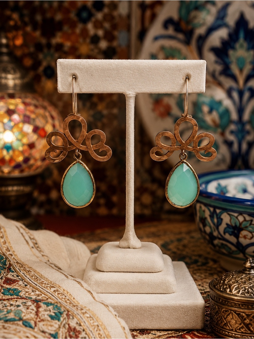 Turkey Marked Copper Tone Aqua Teardrop Dangle Earrings